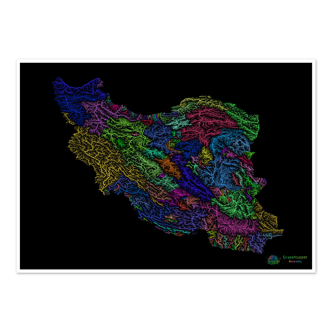 Iran - River basin map, rainbow on black - Fine Art Print