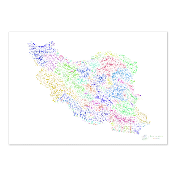 River basin map of Iran, rainbow colours on white Fine Art Print