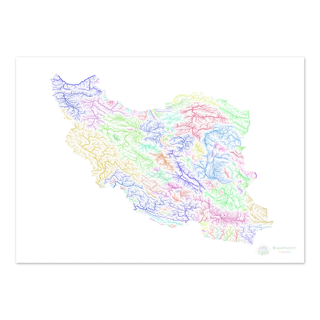 Iran - River basin map, rainbow on white - Fine Art Print
