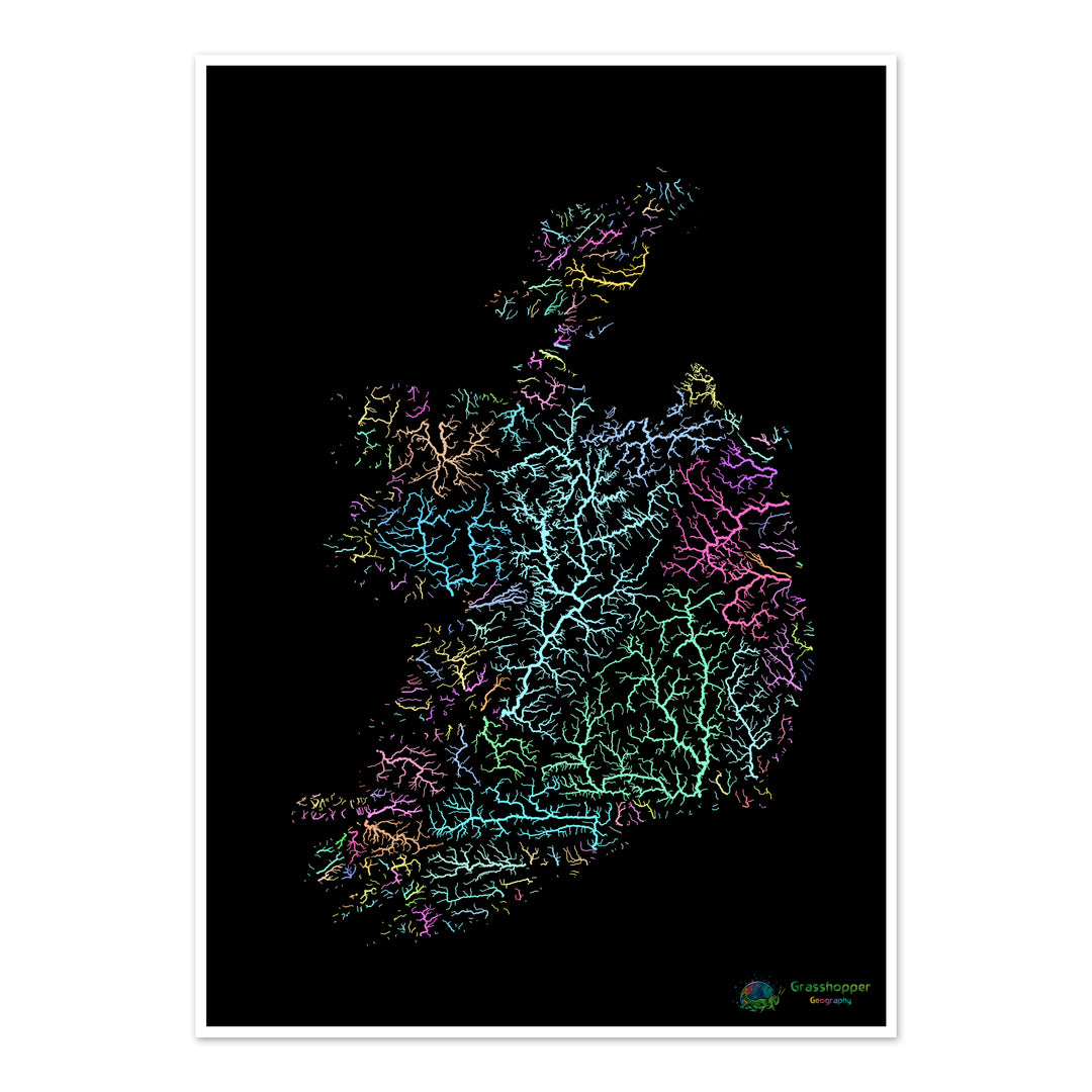 River basin map of Ireland, pastel colours on black - Fine Art Print