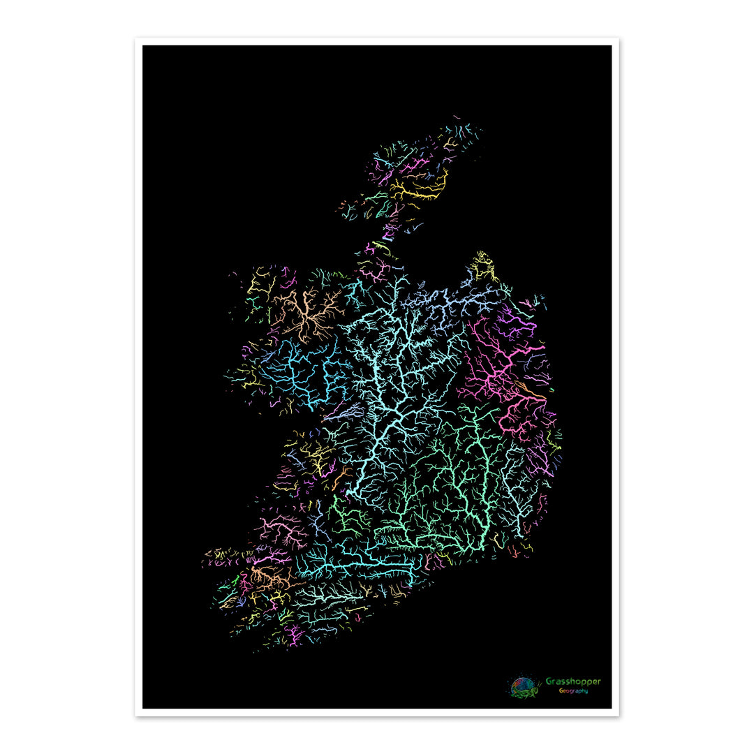 Ireland - River basin map, pastel on black - Fine Art Print