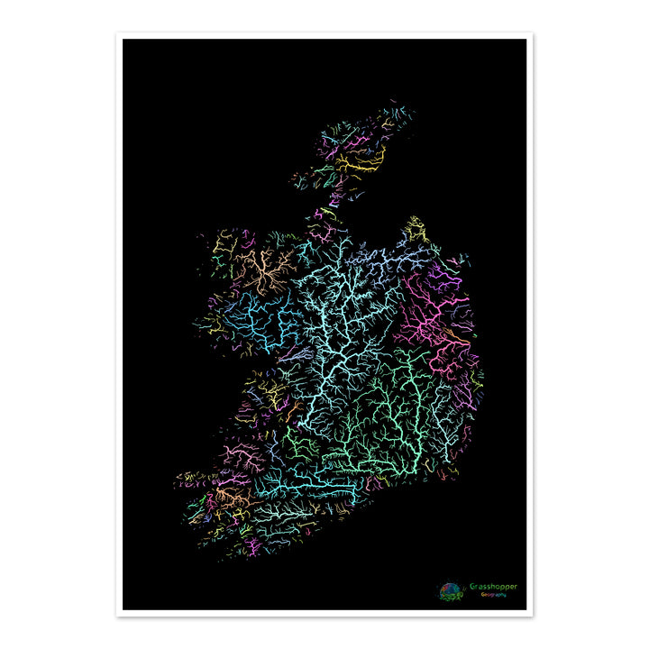 Irlande - Carte des bassins fluviaux, pastel sur noir - Fine Art Print