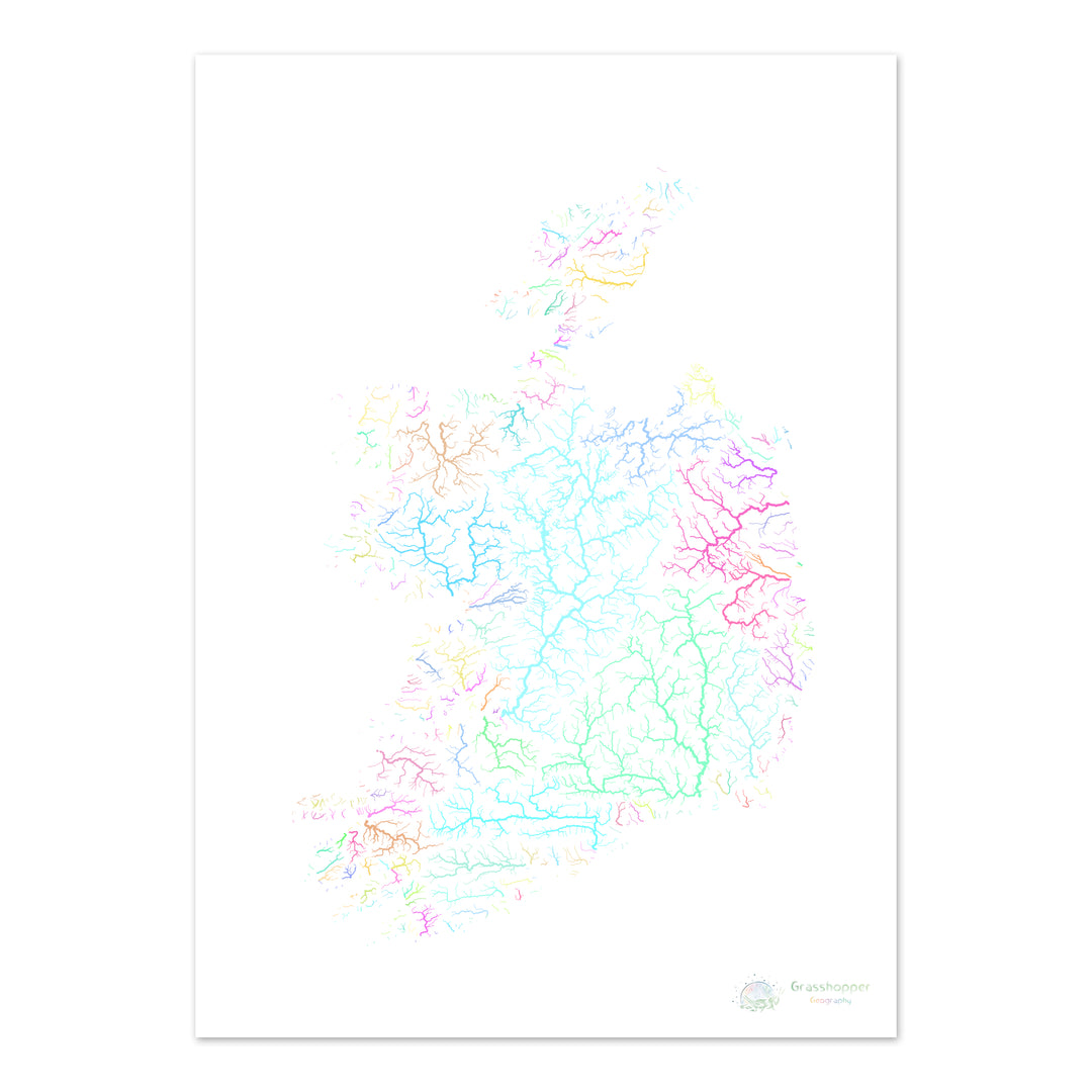 Irlanda - Mapa de la cuenca fluvial, pastel sobre blanco - Impresión de Bellas Artes