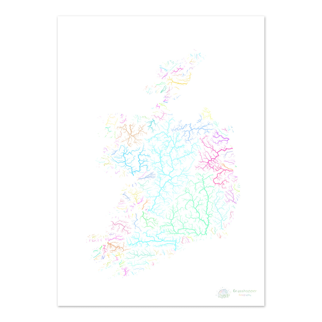 Irlande - Carte des bassins fluviaux, pastel sur blanc - Fine Art Print