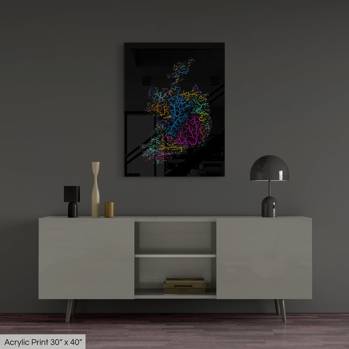 Ireland - River basin map, rainbow colours - Wall Art