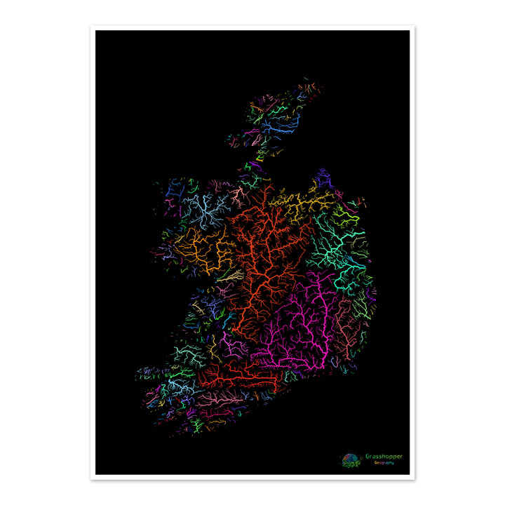 Irlande - Carte des bassins fluviaux, arc-en-ciel sur noir - Fine Art Print