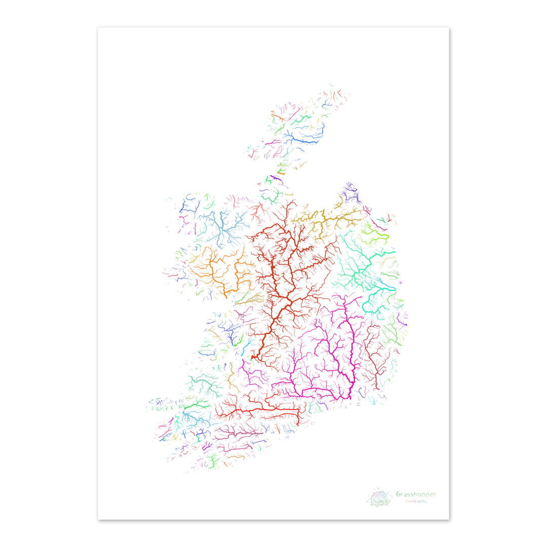 Irlande - Carte des bassins fluviaux, arc-en-ciel sur blanc - Fine Art Print