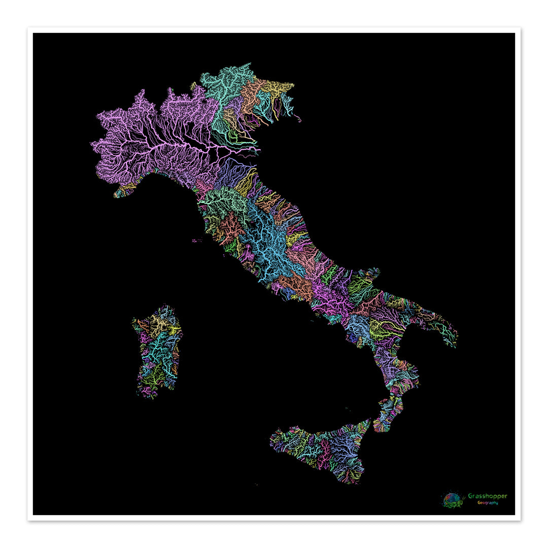 Italie - Carte des bassins fluviaux, pastel sur noir - Fine Art Print