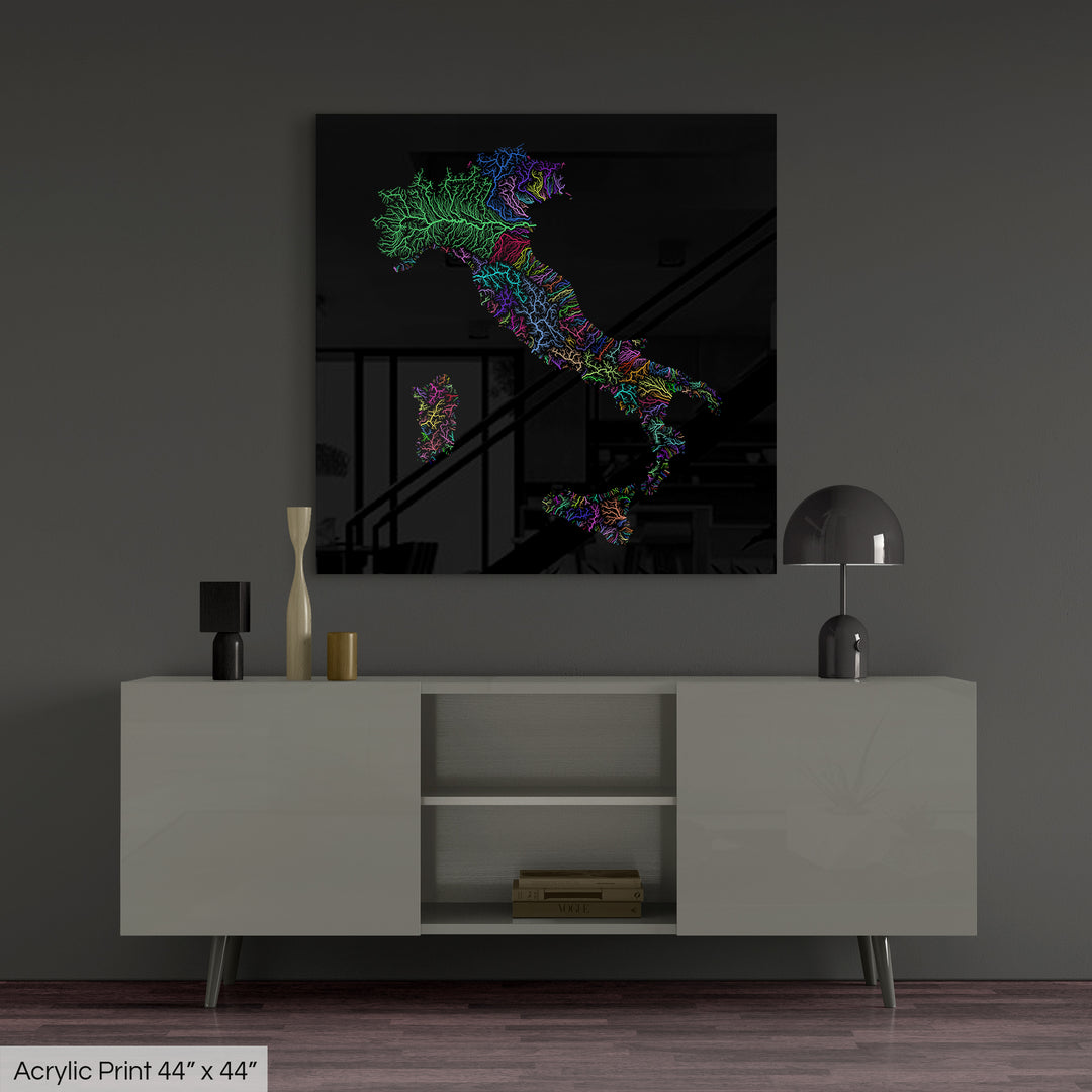 Italy - River basin map, rainbow colours - Wall Art