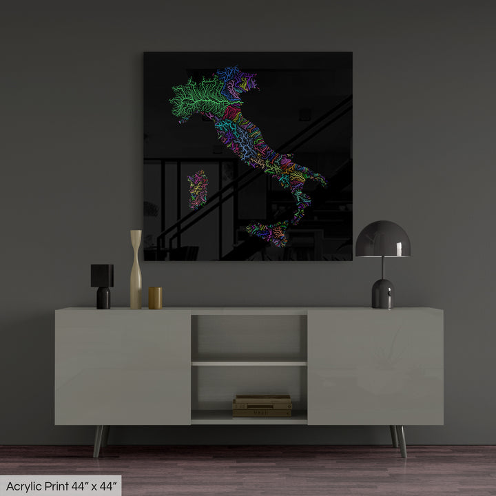 Italy - River basin map, rainbow colours - Wall Art