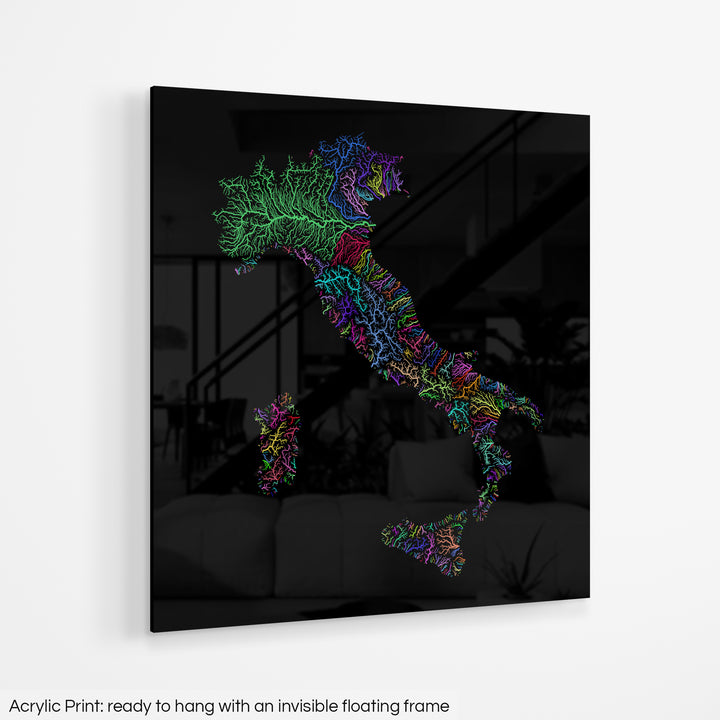 Italy - River basin map, rainbow colours - Wall Art