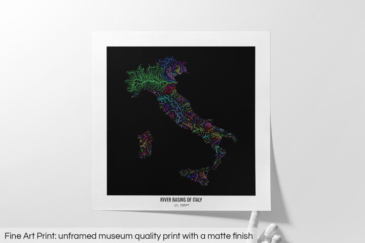 Italy - River basin map, rainbow colours - Wall Art