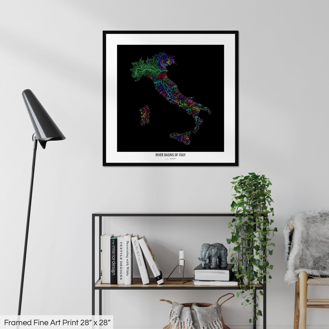 Italy - River basin map, rainbow colours - Wall Art