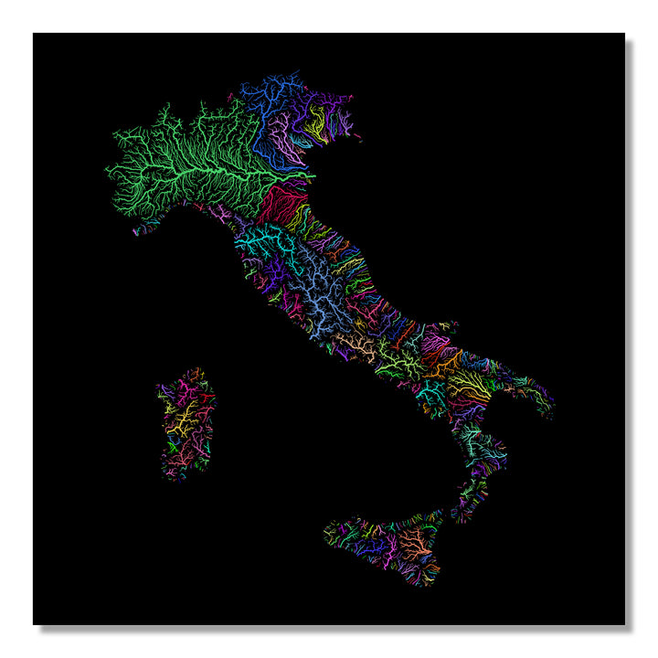 Italy - River basin map, rainbow colours - Wall Art