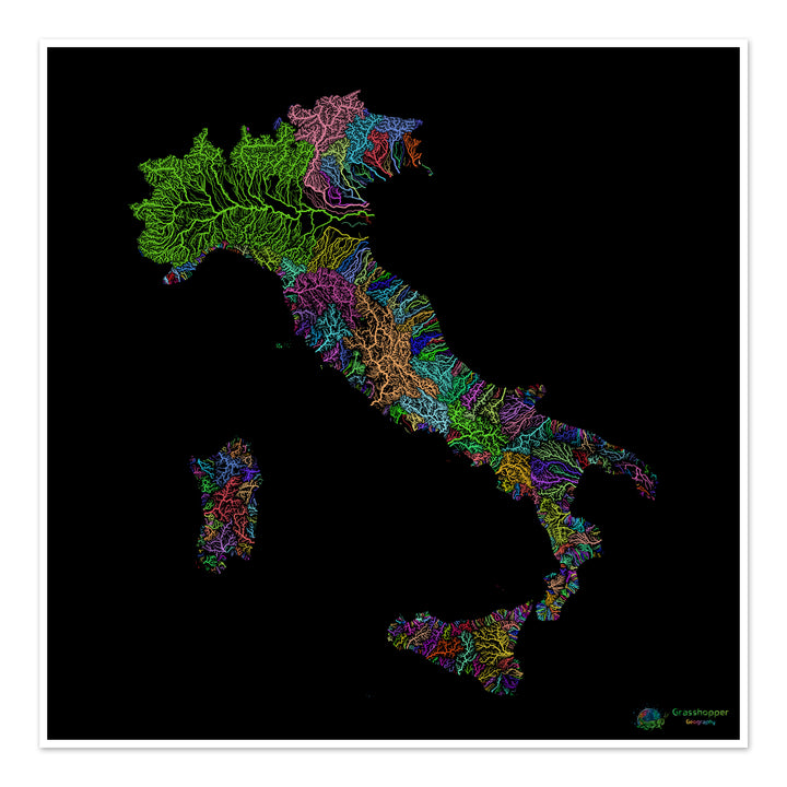 Italia - Mapa de la cuenca fluvial, arco iris sobre negro - Impresión de Bellas Artes