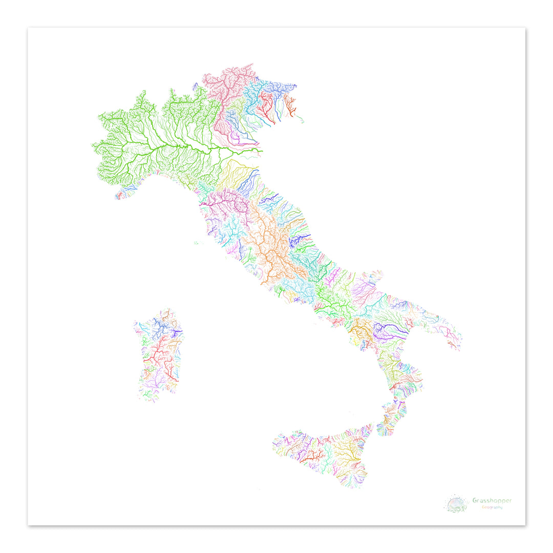 Italie - Carte des bassins fluviaux, arc-en-ciel sur blanc - - Tirage d'art