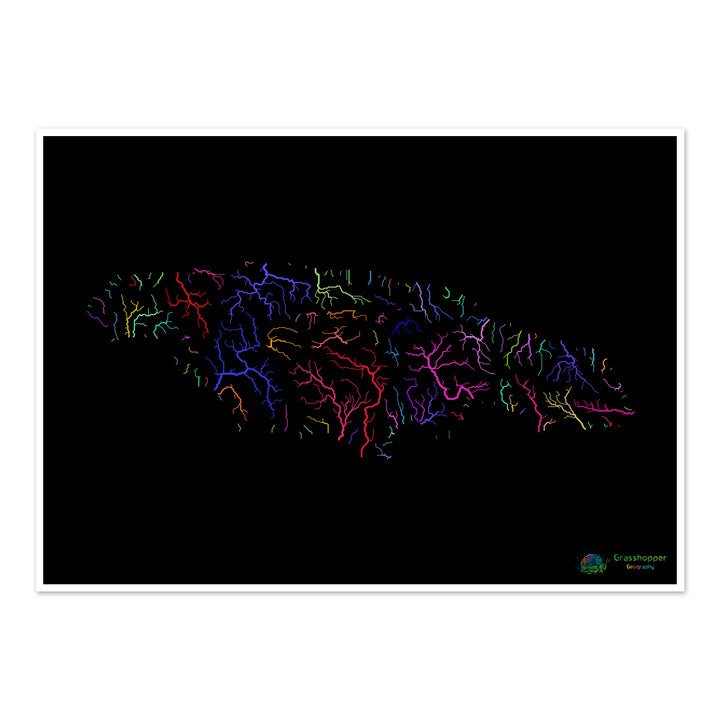 Jamaica - River basin map, rainbow on black - Fine Art Print
