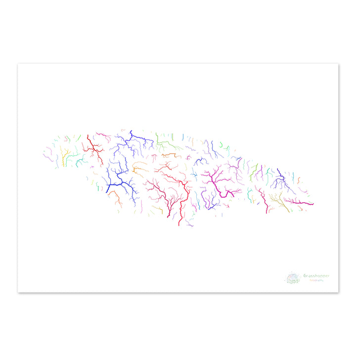 River basin map of Jamaica, rainbow colours on white - Fine Art Print