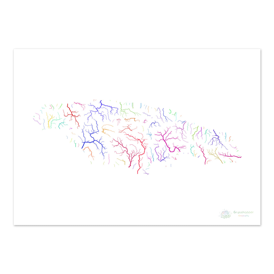 Jamaica - River basin map, rainbow on white - - Fine Art Print