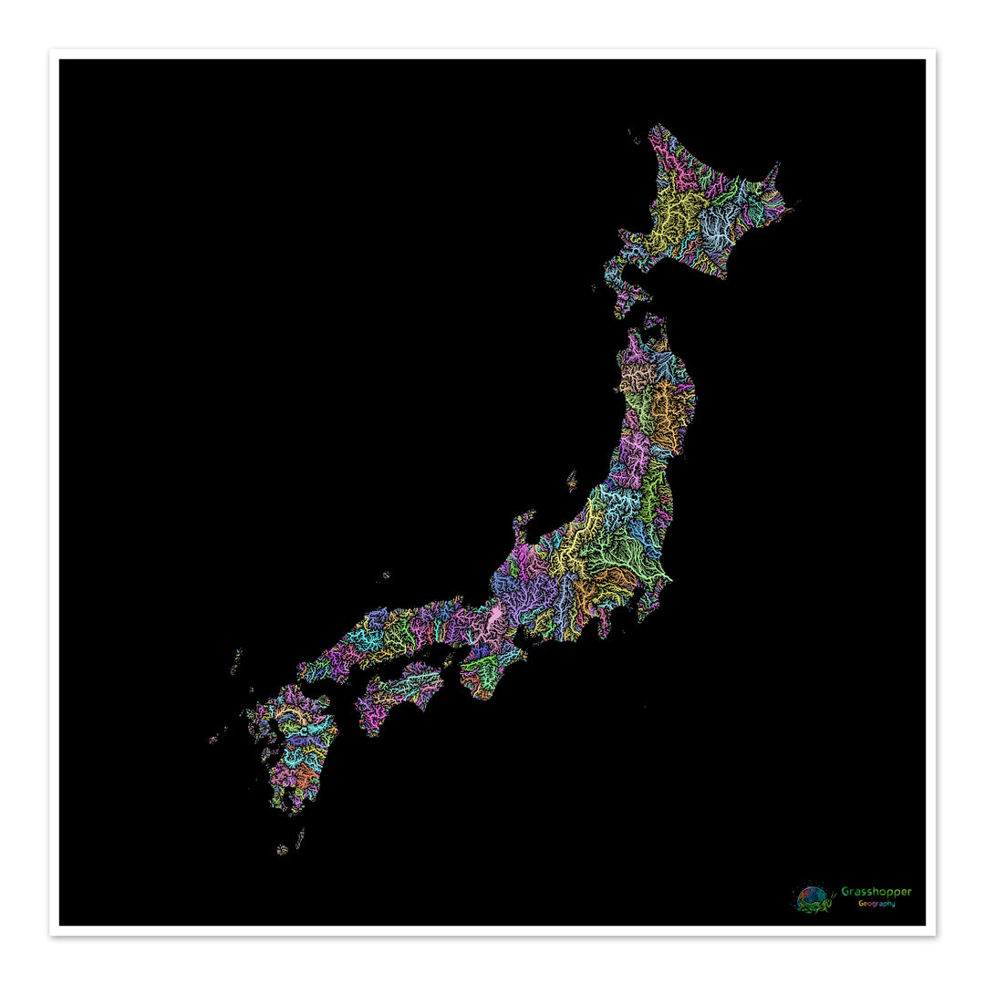 Japão - Mapa da bacia hidrográfica, pastel sobre preto - Impressão de belas artes