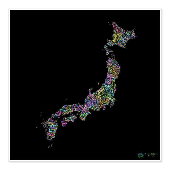 Japón - Mapa de la cuenca fluvial, pastel sobre negro - Impresión de Bellas Artes