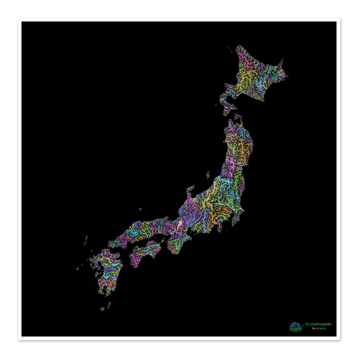 Japão - Mapa da bacia hidrográfica, pastel sobre preto - Impressão de belas artes