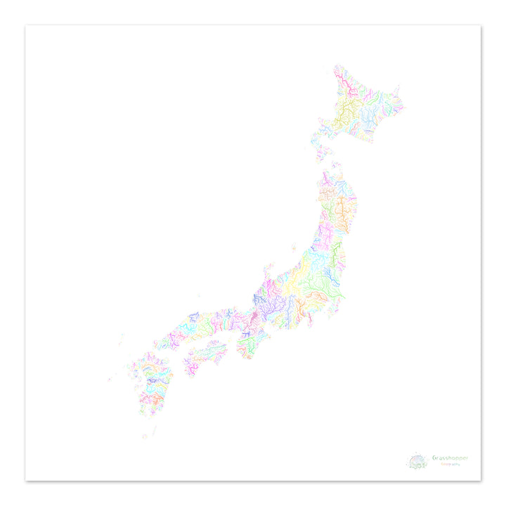 Japón - Mapa de la cuenca fluvial, pastel sobre blanco - Impresión de Bellas Artes