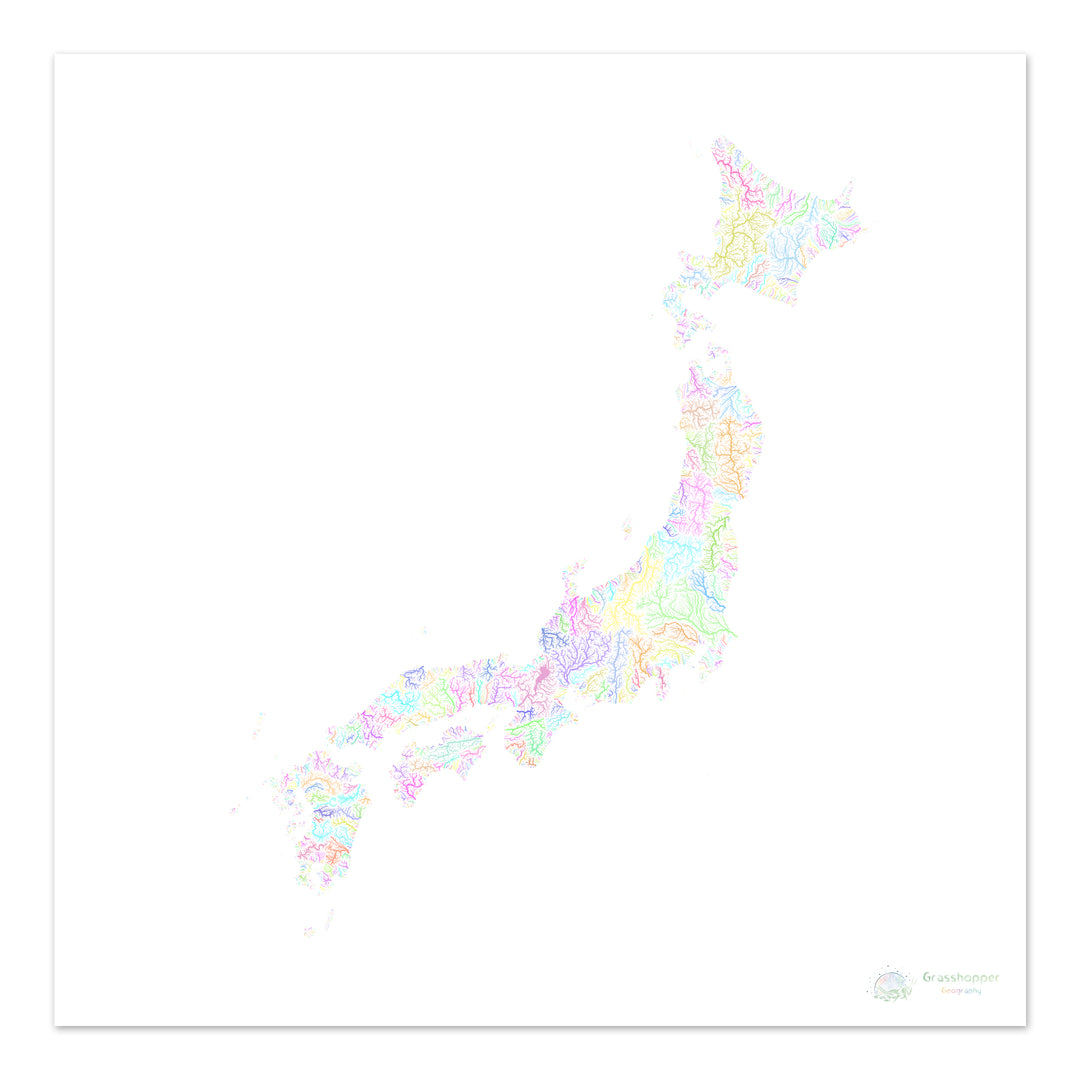 Japon - Carte des bassins fluviaux, pastel sur blanc - Fine Art Print