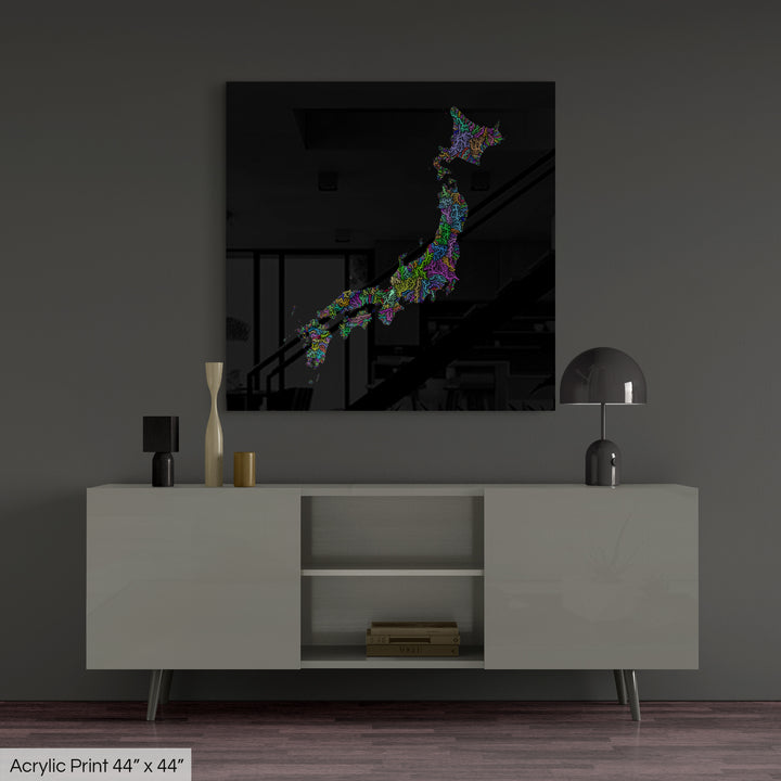 Japan - River basin map, rainbow colours - Wall Art