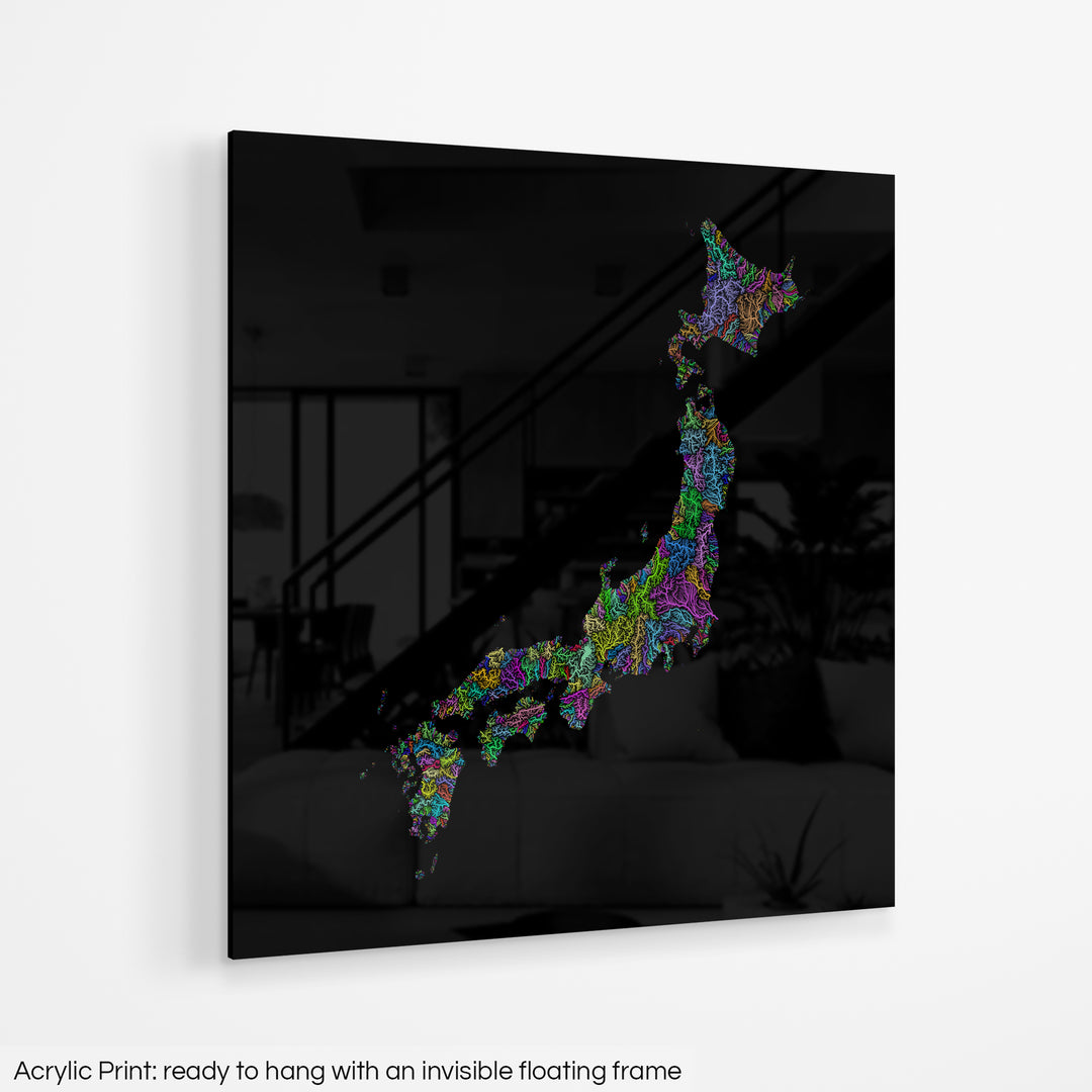Japan - River basin map, rainbow colours - Wall Art