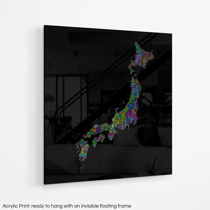 Japan - River basin map, rainbow colours - Wall Art