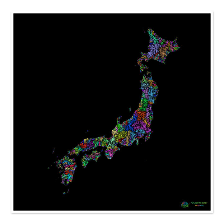 River basin map of Japan, rainbow colours on black - Fine Art Print