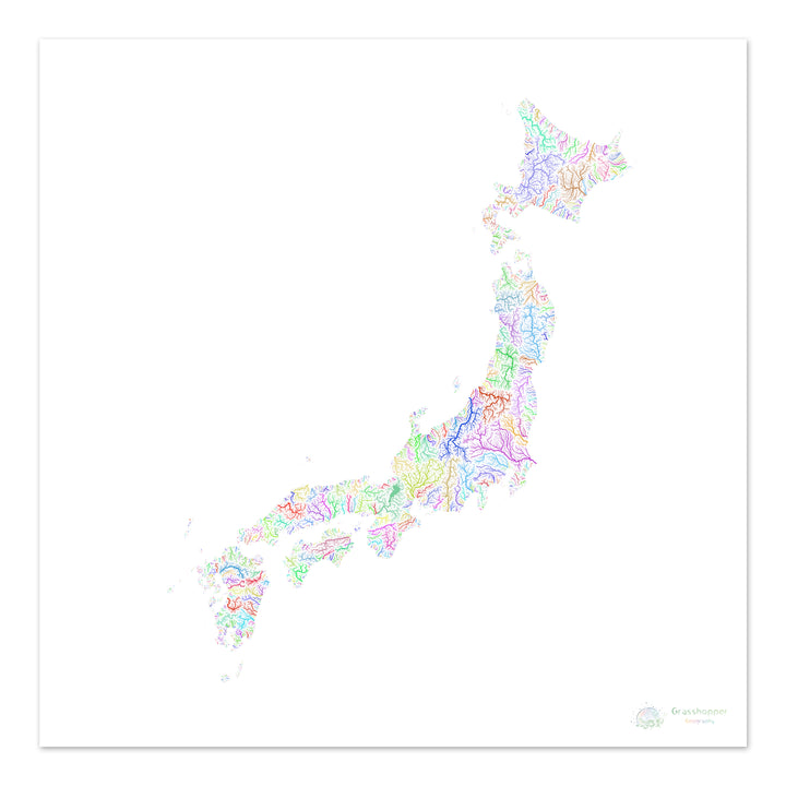 Japan - River basin map, rainbow on white - Fine Art Print