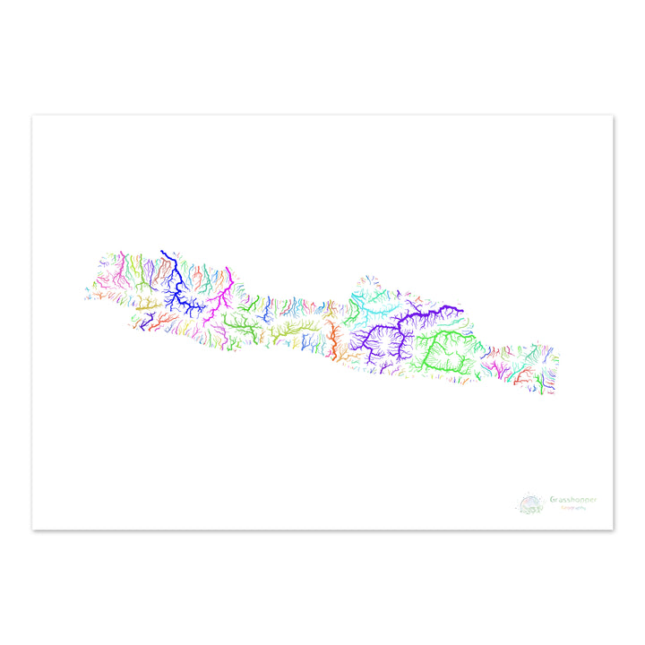 Java - Mapa de la cuenca del río, arco iris sobre blanco - Impresión de Bellas Artes