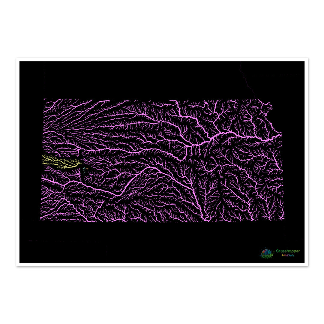 Kansas - Carte du bassin fluvial, pastel sur noir - Fine Art Print