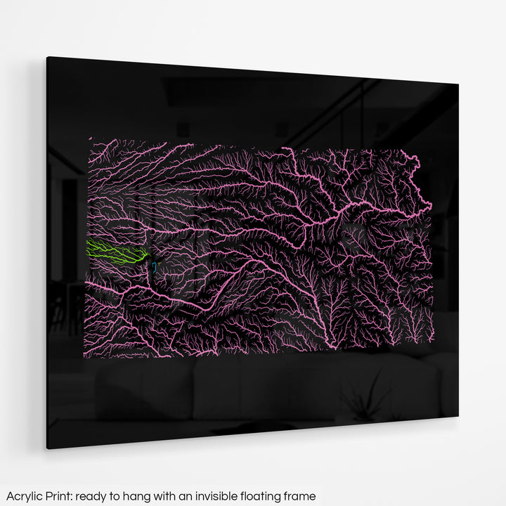 Kansas - River basin map, rainbow colours - Wall Art
