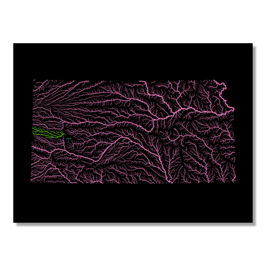 Kansas - River basin map, rainbow colours - Wall Art