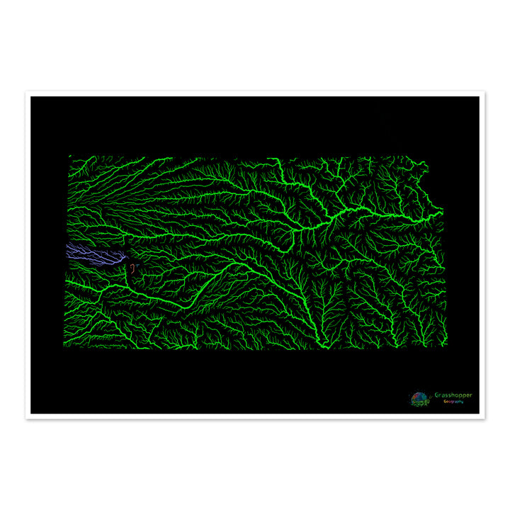 Kansas - Carte du bassin fluvial, arc-en-ciel sur noir - Fine Art Print