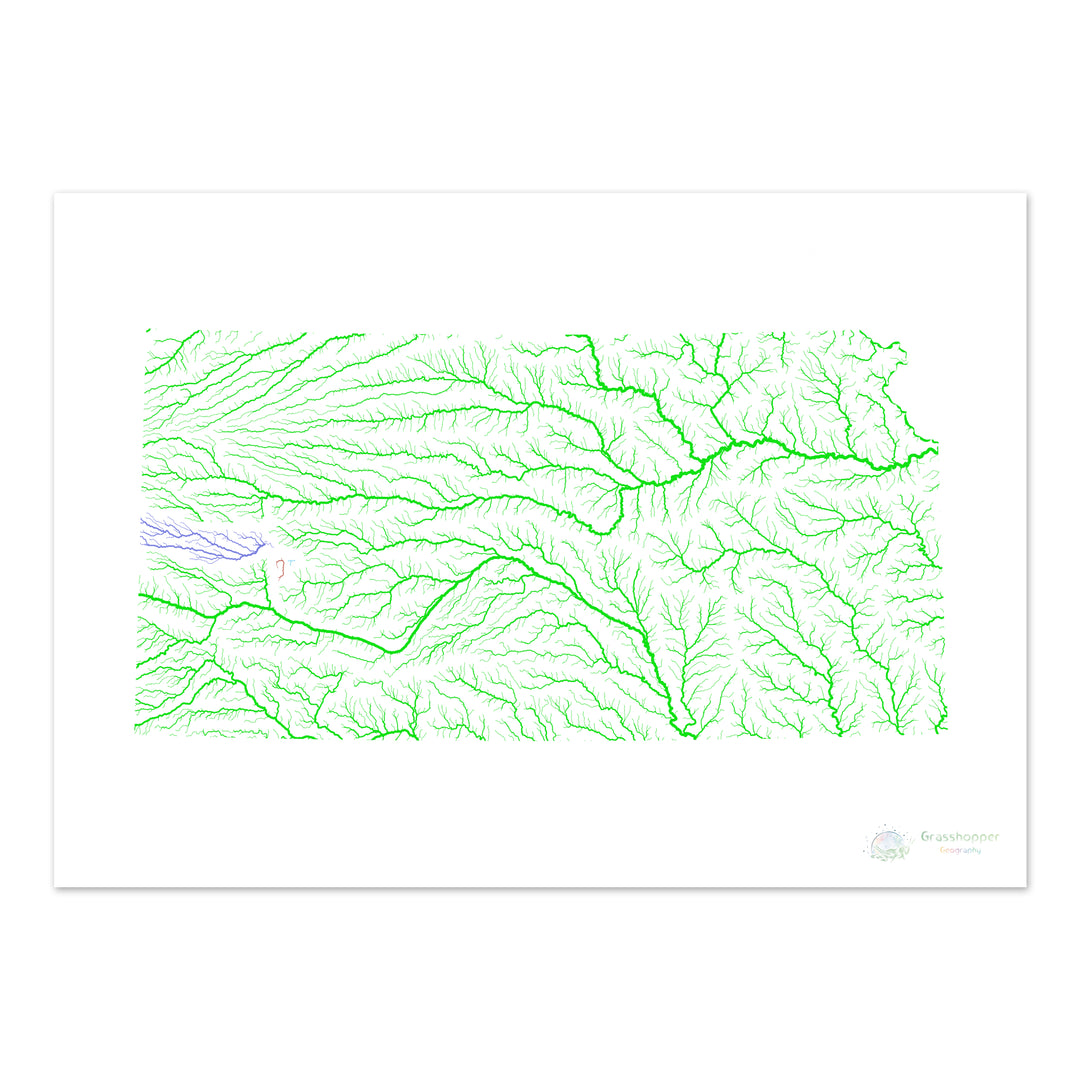 Kansas - Carte du bassin fluvial, arc-en-ciel sur blanc - Fine Art Print