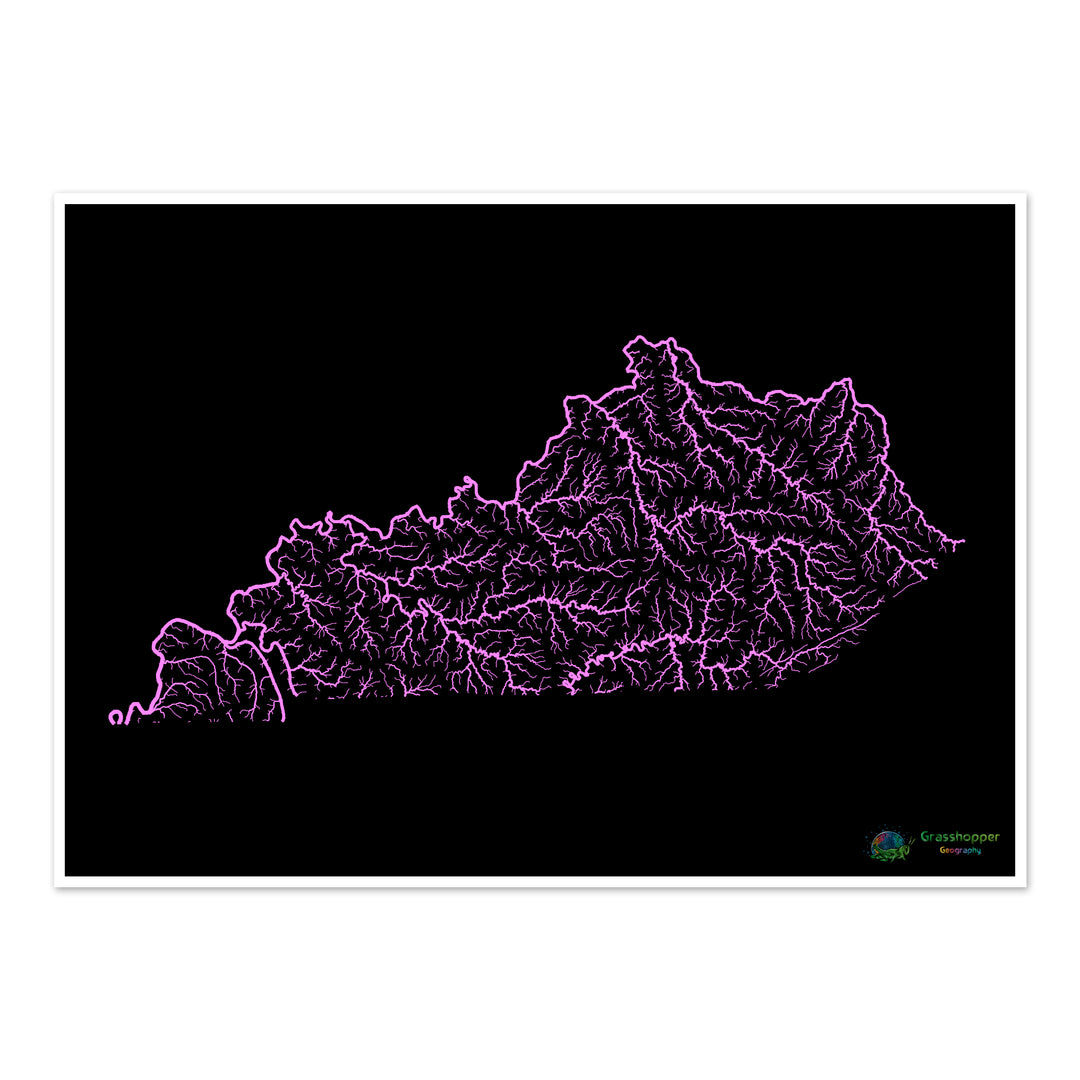 River basin map of Kentucky, pastel colours on black - Fine Art Print