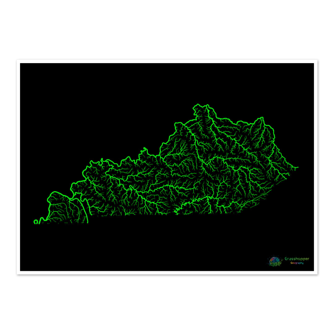 Kentucky - Carte du bassin fluvial, arc-en-ciel sur noir - Fine Art Print