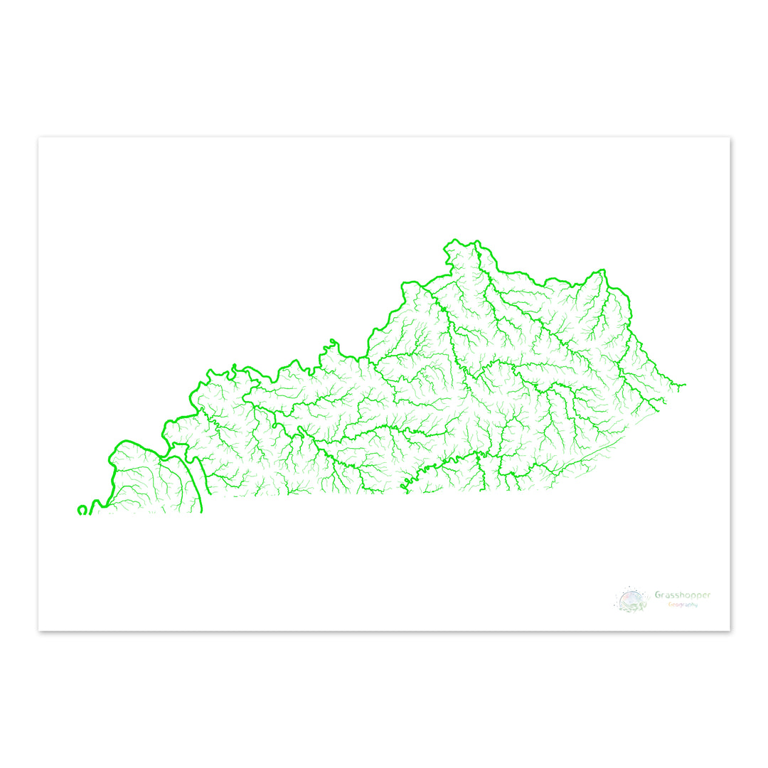 Kentucky - Mapa de la cuenca del río, arco iris sobre blanco - Impresión de Bellas Artes