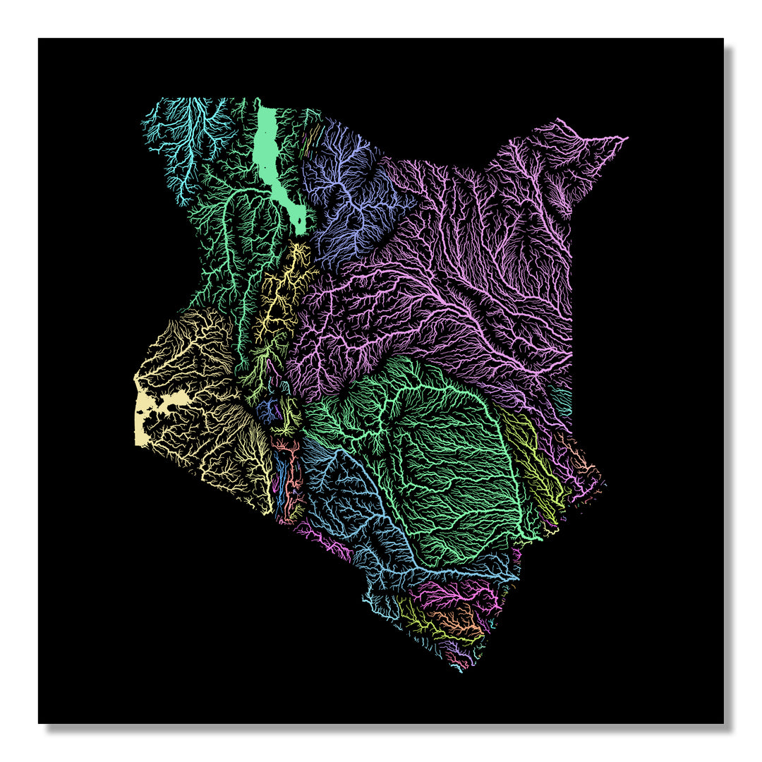 Kenya - River basin map, pastel colours - Wall Art