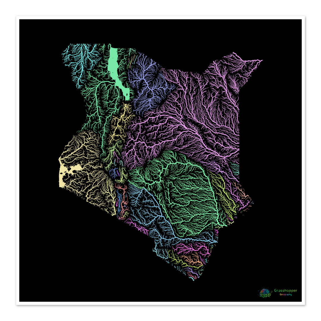 Kenia - Mapa de la cuenca fluvial, pastel sobre negro - Impresión de Bellas Artes