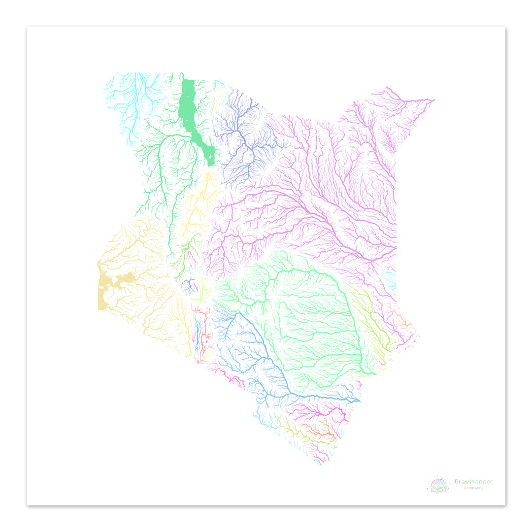 Kenia - Mapa de la cuenca fluvial, pastel sobre blanco - Impresión de Bellas Artes