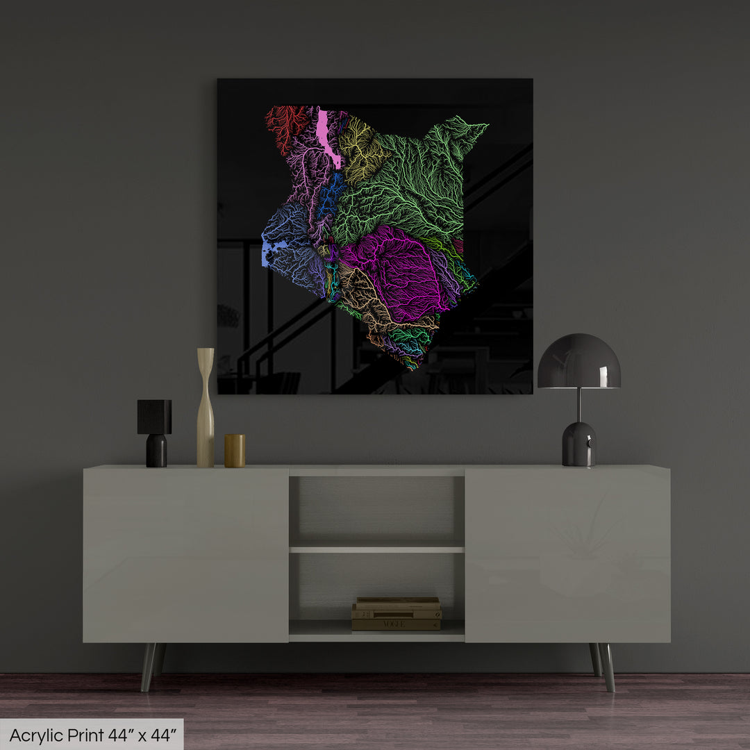 Kenya - River basin map, rainbow colours - Wall Art