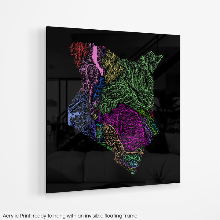Kenya - River basin map, rainbow colours - Wall Art