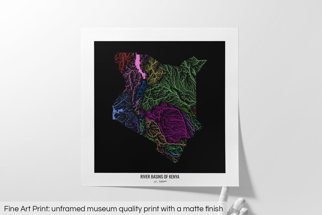 Kenya - River basin map, rainbow colours - Wall Art