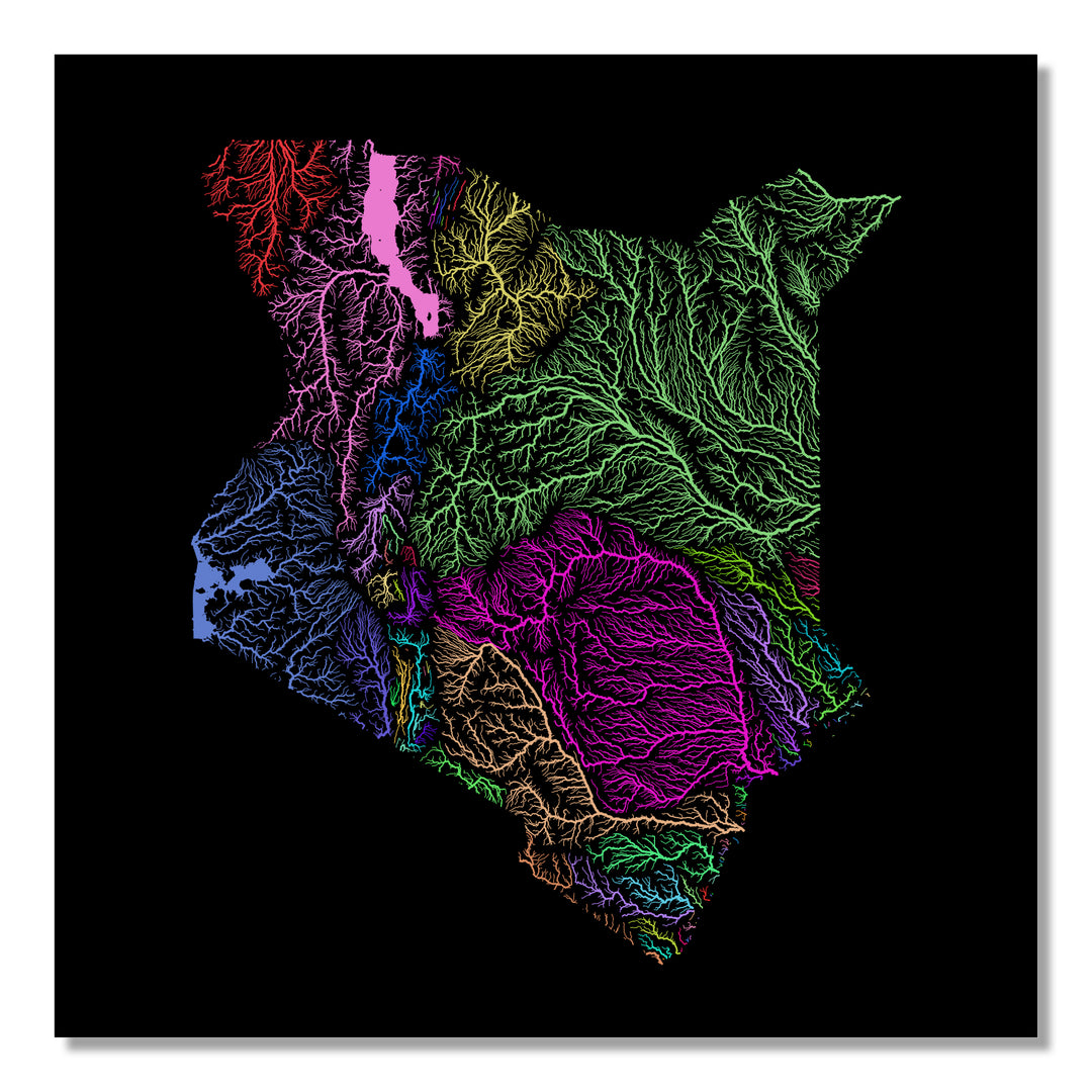 Kenya - River basin map, rainbow colours - Wall Art