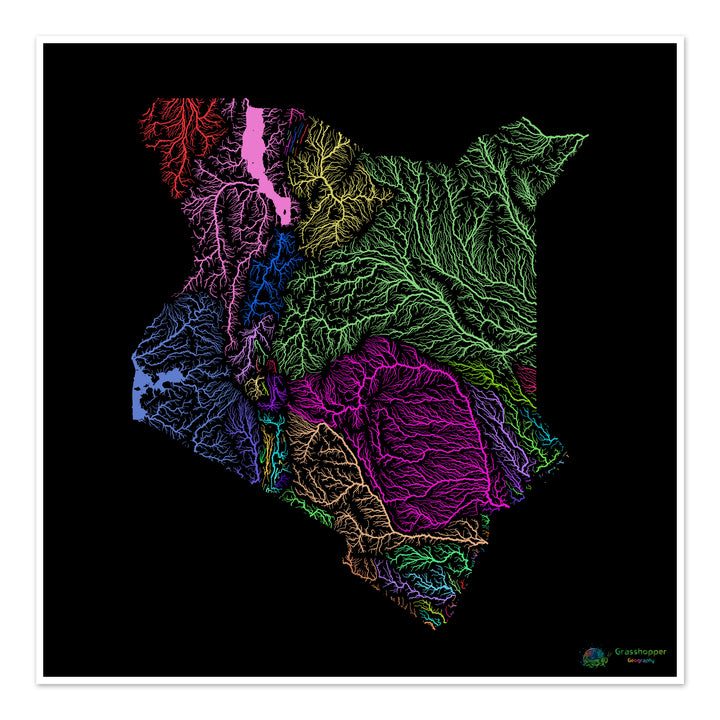 Kenia - Mapa de la cuenca fluvial, arco iris sobre negro - Impresión de Bellas Artes